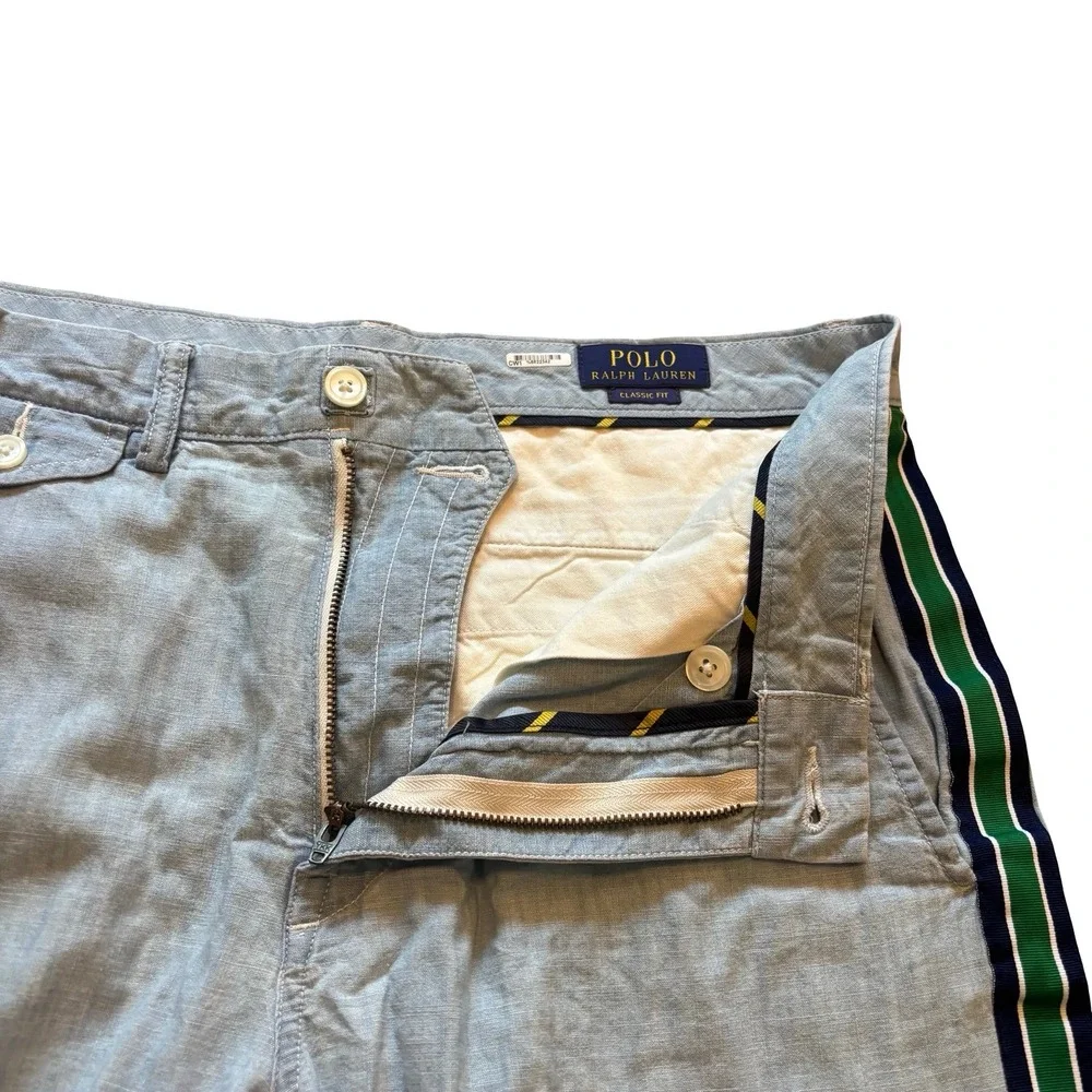 Polo Ralph Lauren Mens 32 Classic Fit Chambray Shorts Blue Green Side Stripe